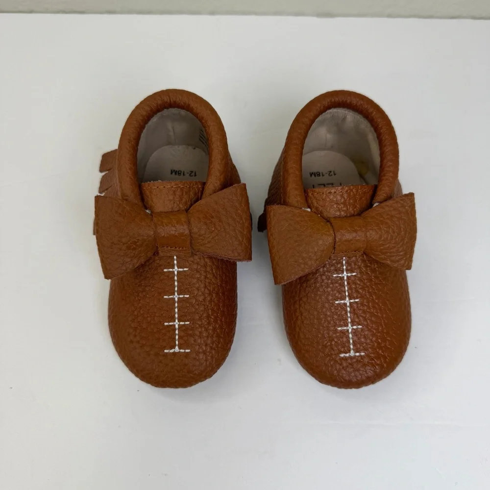 Monkey Feet Brown Baby Leather With Fringe and Bow Detail Slip-on Moccasin Shoes